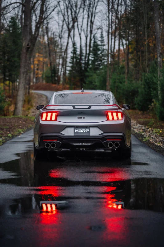 MBRP 2024+ Ford Mustang 5.0L T304 SS 3in Cat-Back Exhaust w/ Quad Carbon Fiber Tips (Valve Delete) - Installation View