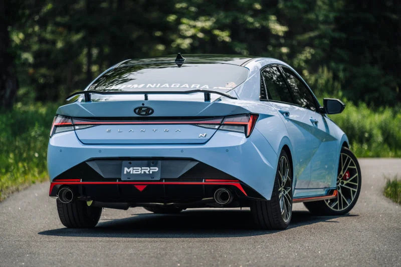 MBRP 22-23 Hyundai Elantra N 2.0L Turbo T304  5in OD CF Tips Dual Outlet 3in Cat Back Exhaust - Installation View