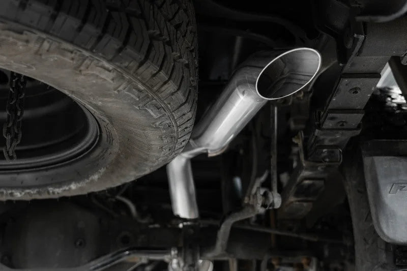 MBRP 22-23 Nissan Frontier 3.8L 3in Tip 3in Cat Back Turndown Exit Street Profile - Aluminized Steel - Back View