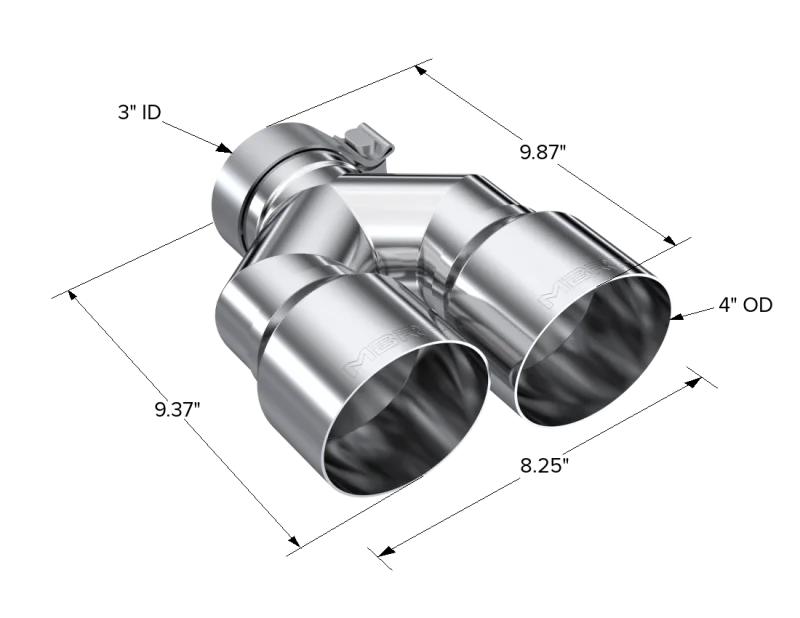 MBRP 3in ID / Dual 4in OD Out Staggered L 9.37in / R 9.87in Single Wall T304 SS Univ Exhaust Tip - Side View