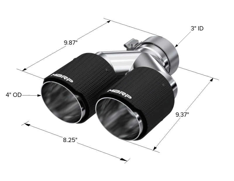 MBRP 3in ID / Dual 4in OD Out Staggered L 9.87in / R 9.37in Dual Wall Carbon Fiber Univ Exhaust Tip - Back View