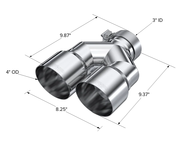 MBRP 3in ID / Dual 4in OD Out Staggered L 9.87in / R 9.37in Single Wall T304 SS Univ Exhaust Tip - Side View