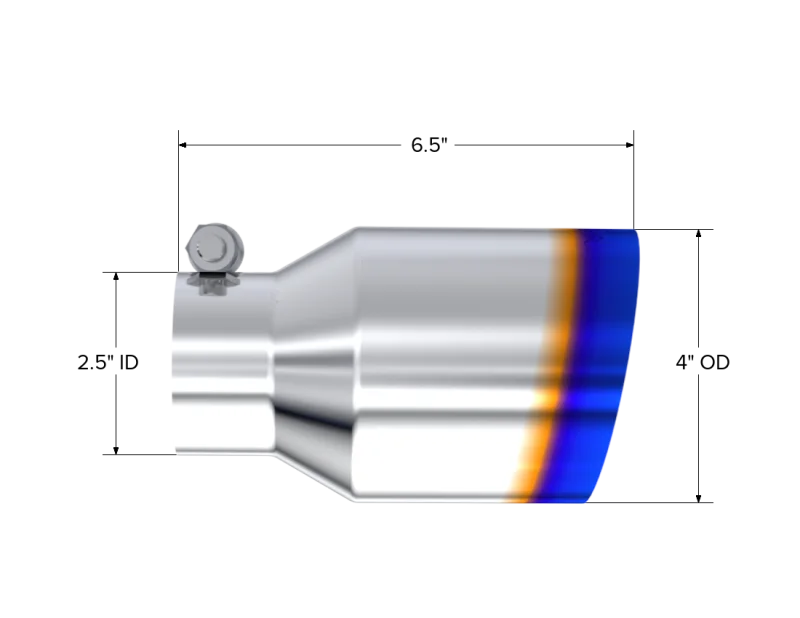 MBRP Burnt End Tip 2.5 ID 4 ID Out 6.5 length Single Wall Angle Cut 304 Stainless Steel - Side View