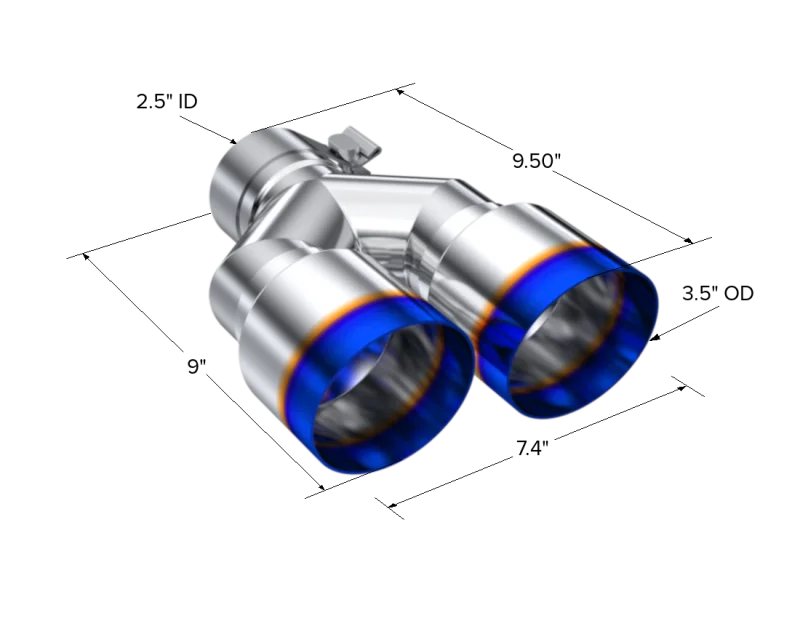 MBRP Burnt End Tip 2.5 ID, Dual 3.5 OD Out, 9.5 length, Single wall 304 Stainless Steel - Side View