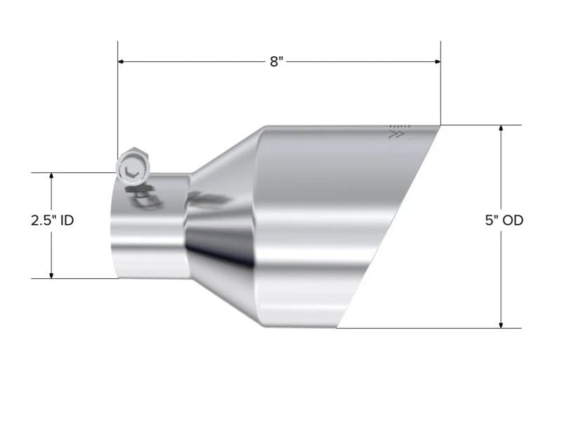 MBRP T304 SS Tip 2.5in ID, 5in OD Out, 8in Length, Angle Cut, Dual Wall - Side View