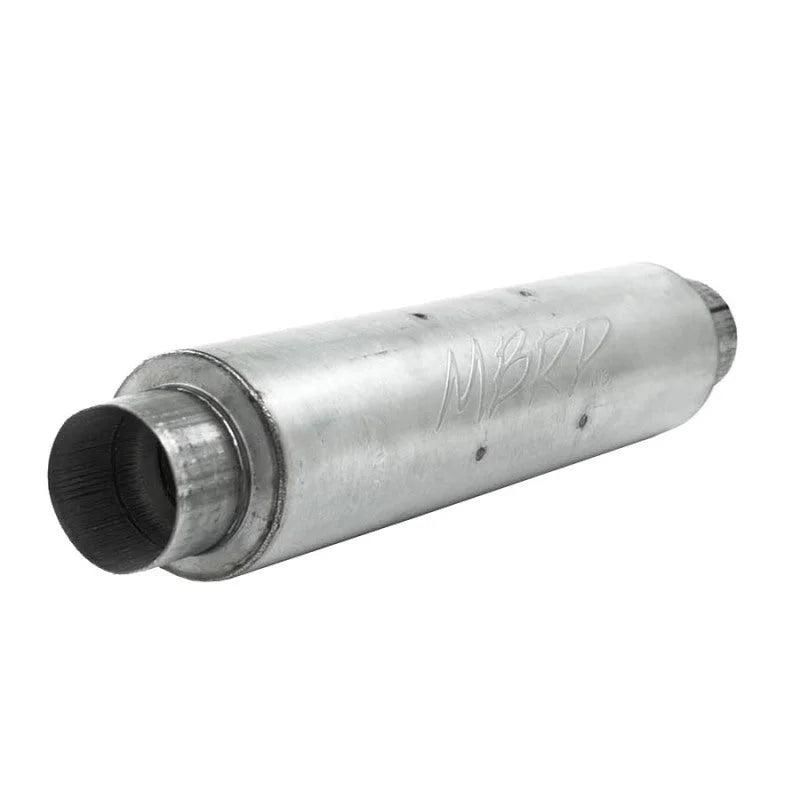 MBRP Universal Quiet Tone Muffler 4in Inlet/Outlet 24in Body 6in Dia 30in Overall Aluminum - Side View