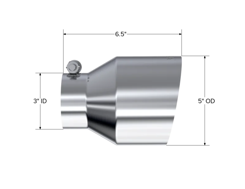 MBRP Universal T304 Stainless Steel Tip, 3in ID / 5in OD Out / 6.5in Length / Angle Cut  Single Wall - Side View