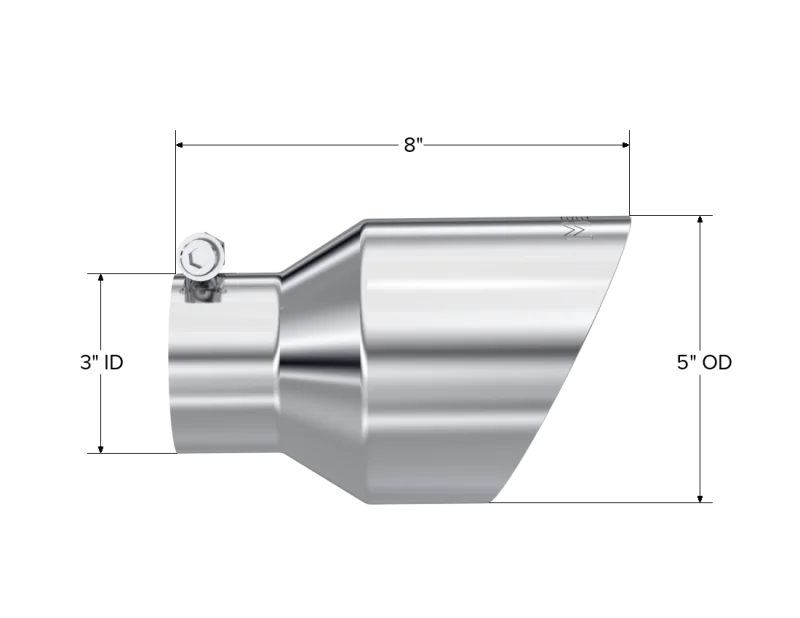 MBRP Universal T304 Stainless Steel Tip  3on ID / 5in OD Out / 8in Length Angle Cut Dual Wall - Side View