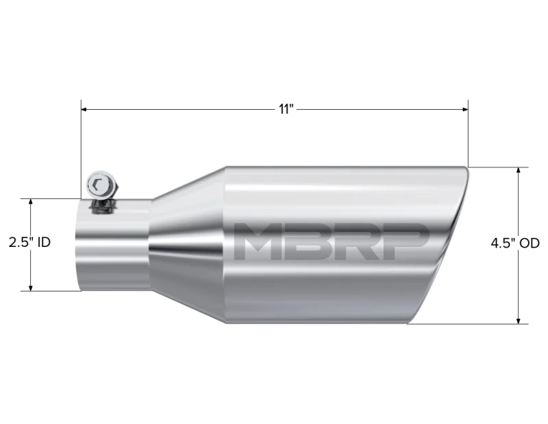 MBRP Universal Tip 4.5 O.D. Angle Rolled End 2.5 Inlet 11in Length - T304 - Detail View
