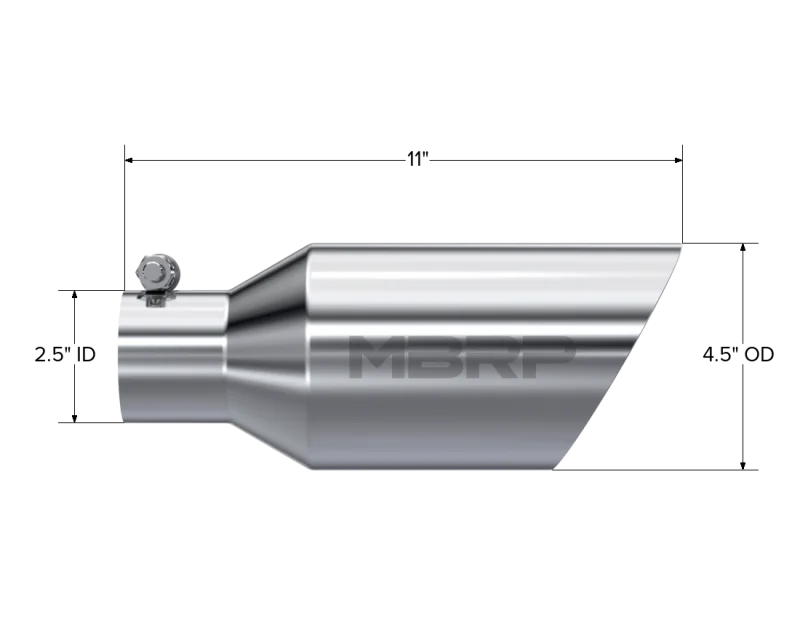 MBRP Universal Tip 4.5 O.D. Dual Walled Angled Rolled End 2.5 Inlet 12in Length - T304 - Detail View