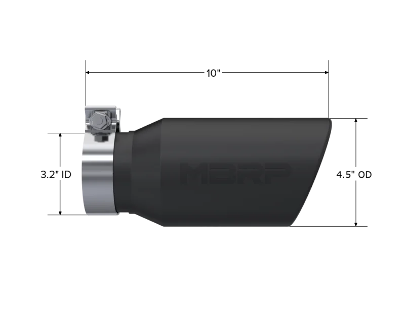 MBRP Universal Tip 4.5in OD / 3.2in Inlet / 10in Length / Angled Cut Rolled End - Black - Side View