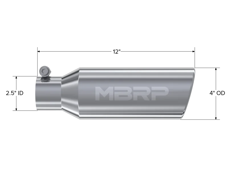 MBRP Universal Tip 4in OD 2.5in Inlet 12in Length Angled Cut Rolled End Clampless No-Weld T304 - Detail View