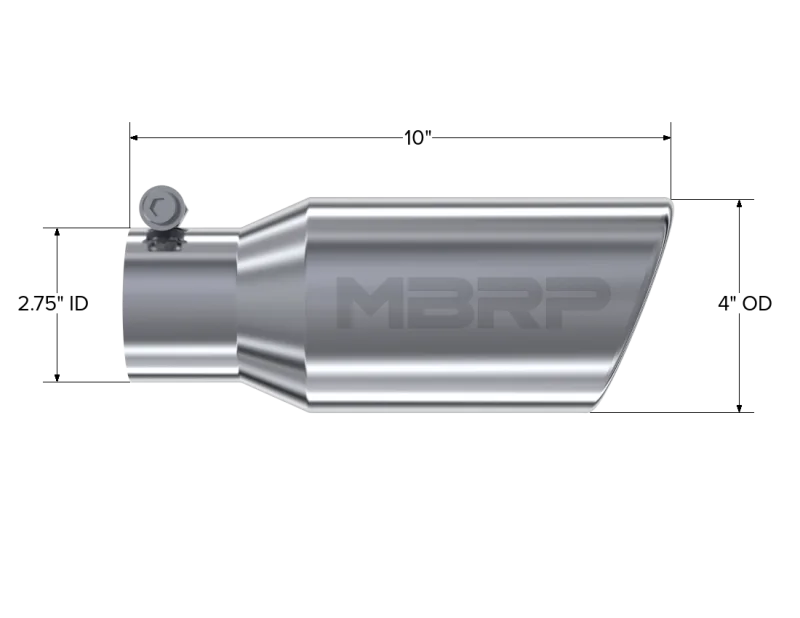 MBRP Universal Tip 4in OD 2.75in Inlet 10in Length Angled Rolled End T304 - Detail View