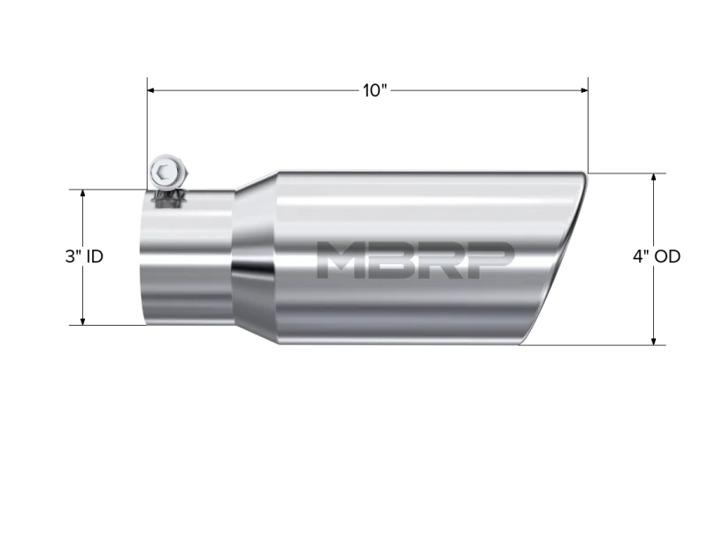 MBRP Universal Tip 4in OD 3in Inlet 10in Length Angled Rolled End T304 - Detail View