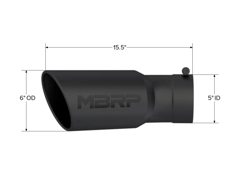 MBRP Universal Tip 6in OD 5in Inlet 15.5in Length 30 Deg Bend Angled Rolled End Black - Detail View