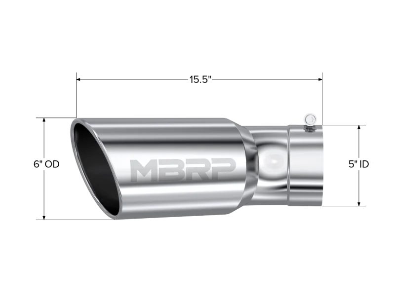 MBRP Universal Tip 6in OD 5in Inlet 15.5in Length 30 Deg Bend Angled Rolled End T304 - Detail View