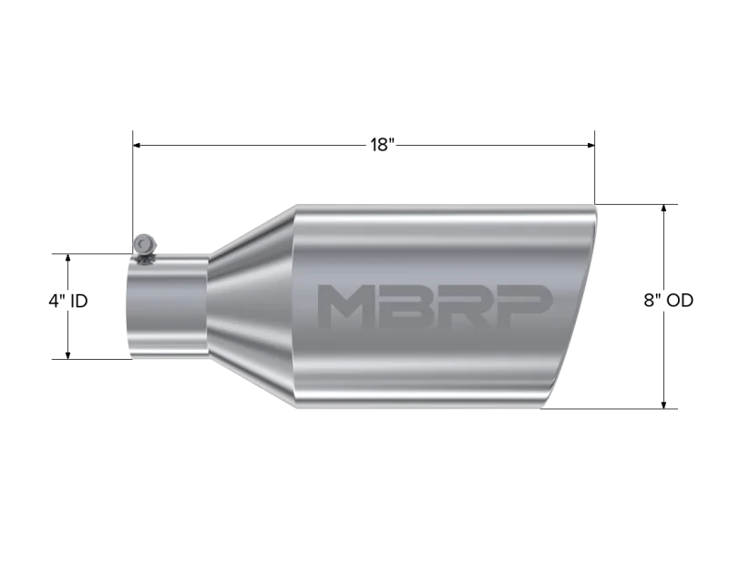 MBRP Universal Tip 8in O.D. Rolled End 4in inlet 18in length T304 - Detail View