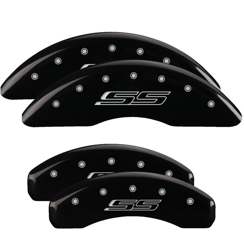 MGP 4 Caliper Covers Engraved Front & Rear Black finish silver ch fits 2016-2024 Chevrolet Camaro SS - Main Product View