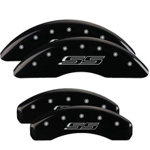 Load image into Gallery viewer, MGP 4 Caliper Covers Engraved Front &amp; Rear Black finish silver ch fits 2016-2024 Chevrolet Camaro SS - Main Product View