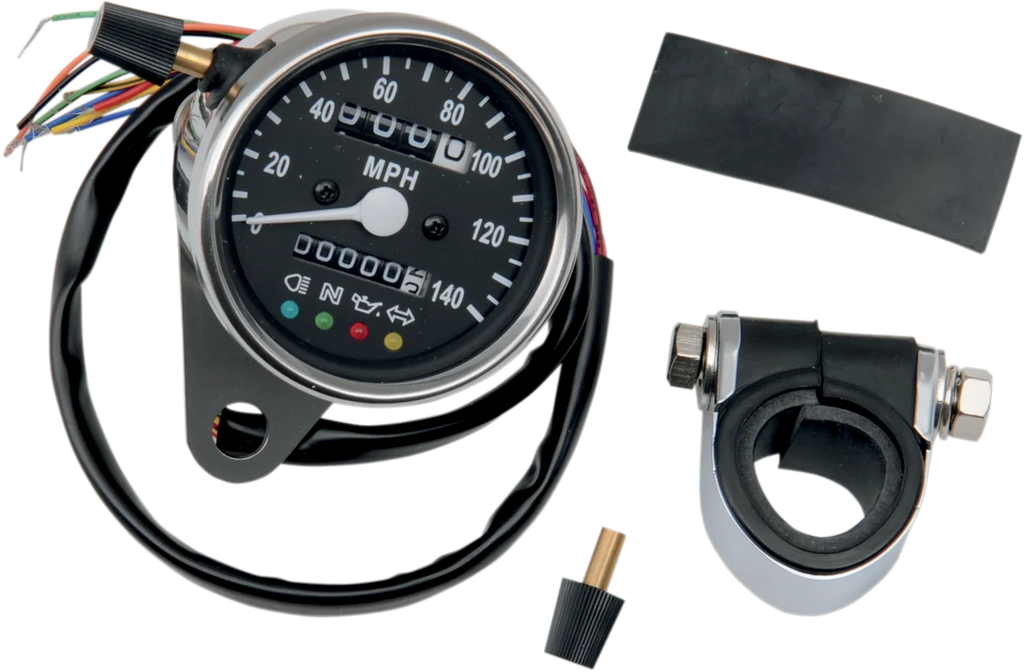 MPH Mini Mechanical Speedometer with LED Indicators - Black Face