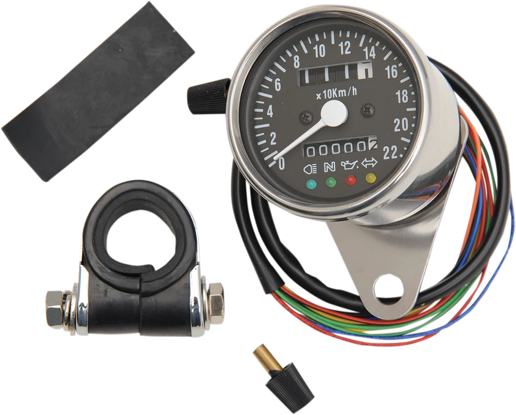 MPH Mini Mechanical Speedometer with LED Indicators - Black Face - 2:1 Ratio - 2.4" DragSpecialties 21-6838LEDPB - Side View