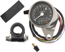 Load image into Gallery viewer, MPH Mini Mechanical Speedometer with LED Indicators - Black Face - 2:1 Ratio - 2.4" DragSpecialties 21-6838LEDPB - Side View