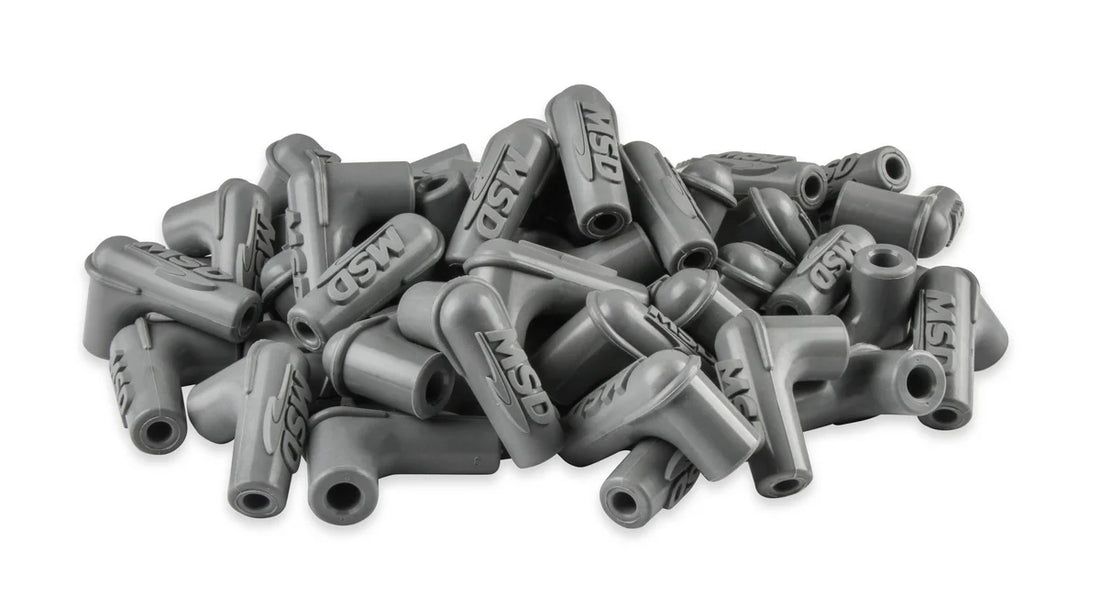 MSD Spark Plug Boots, 90 Degree with MSD Logo, Gray Silicone 50EA - Back View