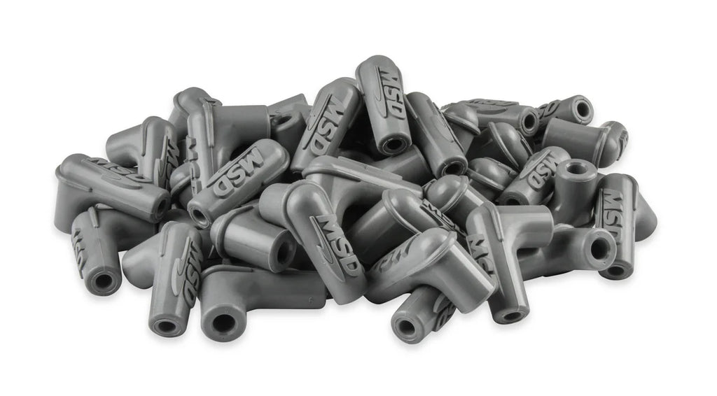 MSD Spark Plug Boots, 90 Degree with MSD Logo, Gray Silicone 50EA - Back View