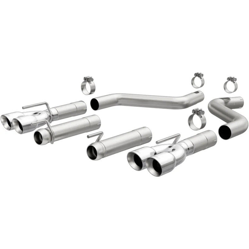 MagnaFlow Axle-Back, SS, 3in, Quad Split Rear 3.5 Tips 2015 Dodge Challenger incl SRT Hellcat - Side View