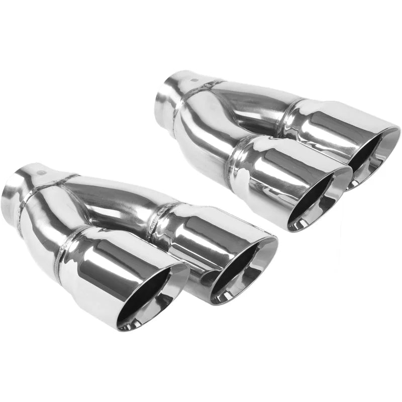 MagnaFlow Tip Stainless Double Wall Round Dual Outlet Polish 3in DIA 2.25in Inlet 9.75in Len (qty 2) - Side View