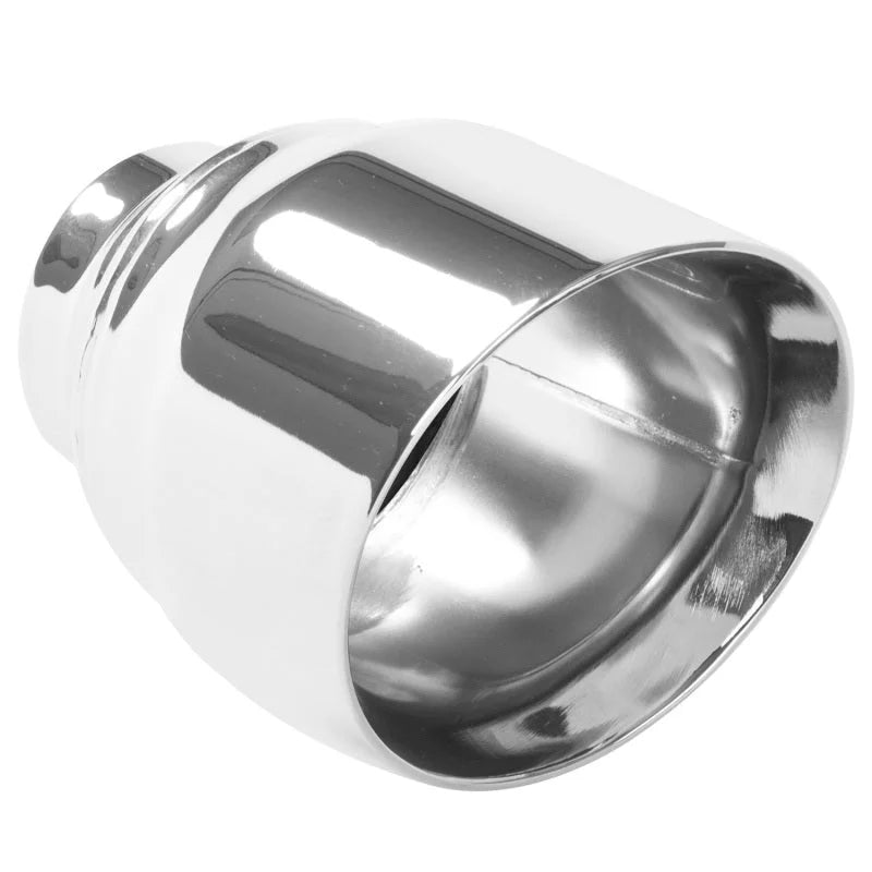MagnaFlow Tip Stainless Double Wall Round Single Outlet Polished 4.5in DIA 2.5in Inlet 5.75in Length - Side View