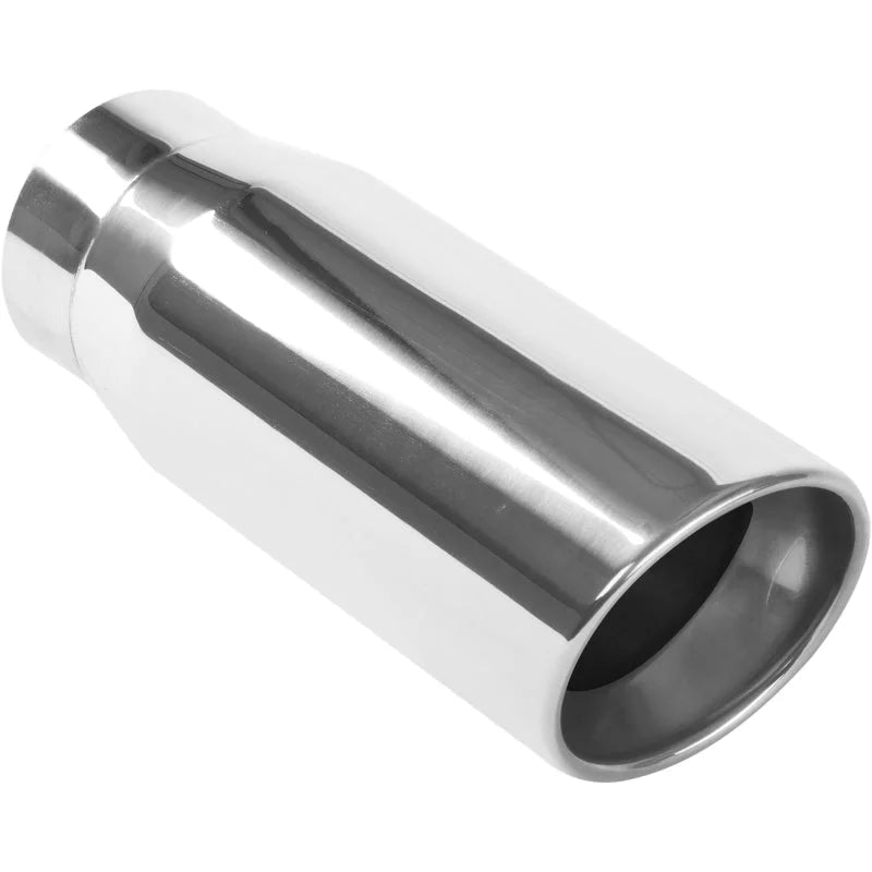 MagnaFlow Tip Stainless Double Wall Round Single Outlet Polished 5in DIA 4in Inlet 13in Length - Side View