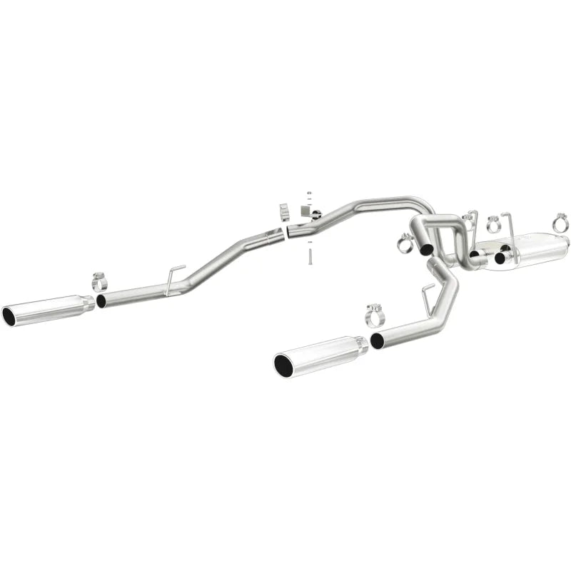 Magnaflow 09-13 Dodge Ram 1500 V6 3.6L Dual Spilt Rear Exit Polished Stainless C/B Perf Exhaust - Side View