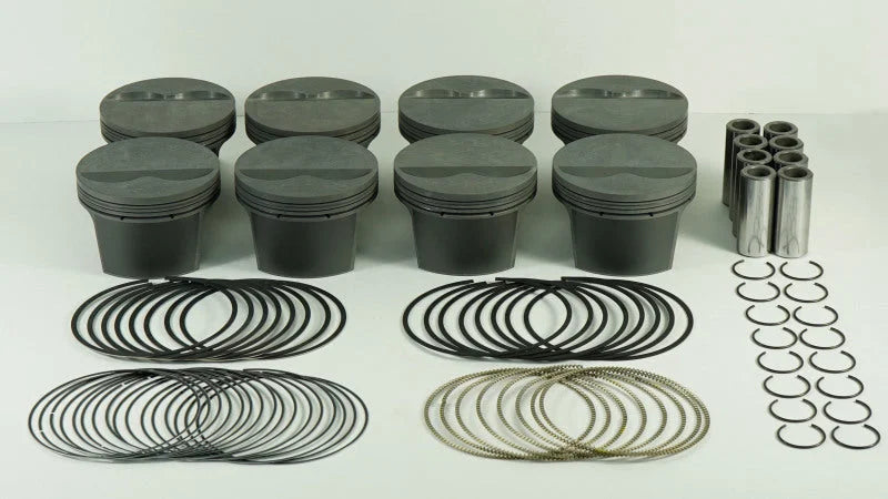 Mahle MS Piston Set SBC 310ci 3.766in Bore 3.480in Stroke 5.7in Rod 0.927 Pin -3cc 9.5 CR Set of 8 - Back View