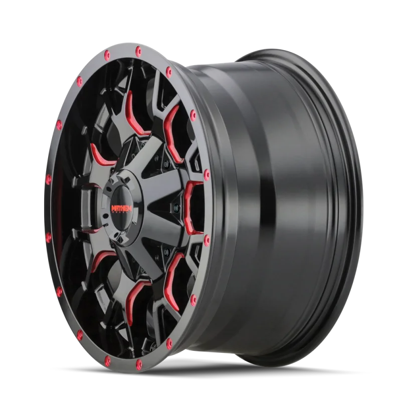 Mayhem 8015 Warrior 17x9 / 5x127 BP / 18mm Offset / 87mm Hub Black w/ Prism Red Wheel - Side View