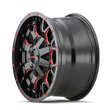 Load image into Gallery viewer, Mayhem 8015 Warrior 18x9 / 6x135 BP / 18mm Offset / 106mm Hub Black w/ Prism Red Wheel - Side View