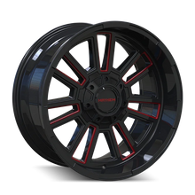 Load image into Gallery viewer, Mayhem 8115 Apollo 20x10 / 8x165.1 BP / -19mm Offset / 125.2mm Hub Black w/ Prism Red Wheel - Detail View