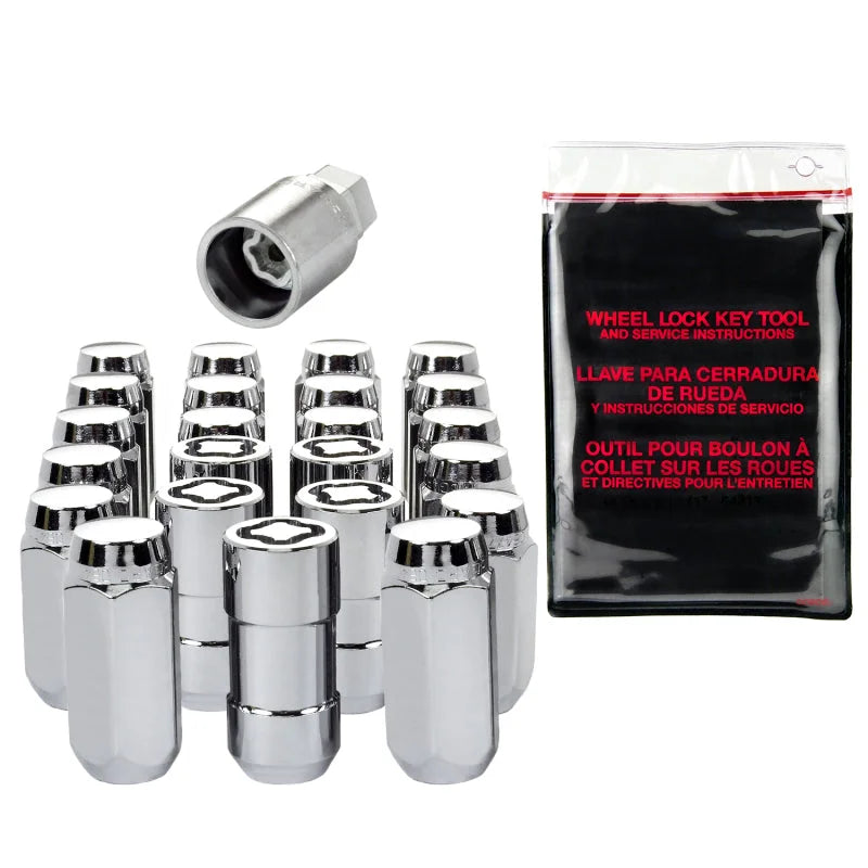 McGard SplineDrive Tuner 23-PC Jeep JL Install Kit w/Locks & Tool (Cone) M14X1.5 / 22m Hex - Chrome - Side View