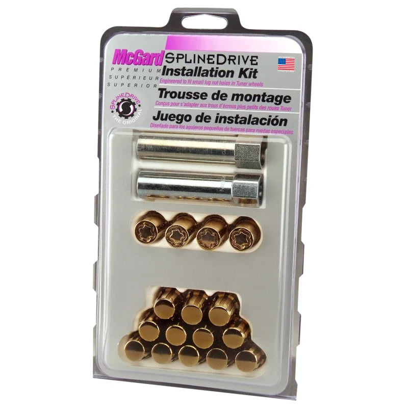 McGard SplineDrive Tuner 4 Lug Install Kit w/Locks & Tool (Cone) M12x1.5 / 13/16 Hex - Gold (CS) - Main Product View