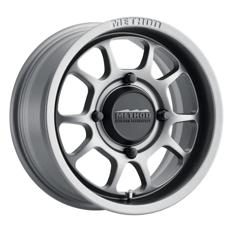 Method MR409 Bead Grip 15x7 / 5+2/38mm Offset / 4x136 / 106.25mm CB Steel Grey Wheel - Side View