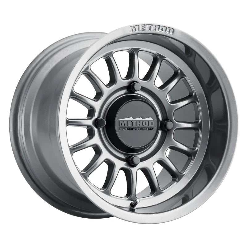 Method MR411 Bead Grip 15x10 / 6+4/25mm Offset / 4x136 / 106.25mm CB Gloss Titanium Wheel - Side View