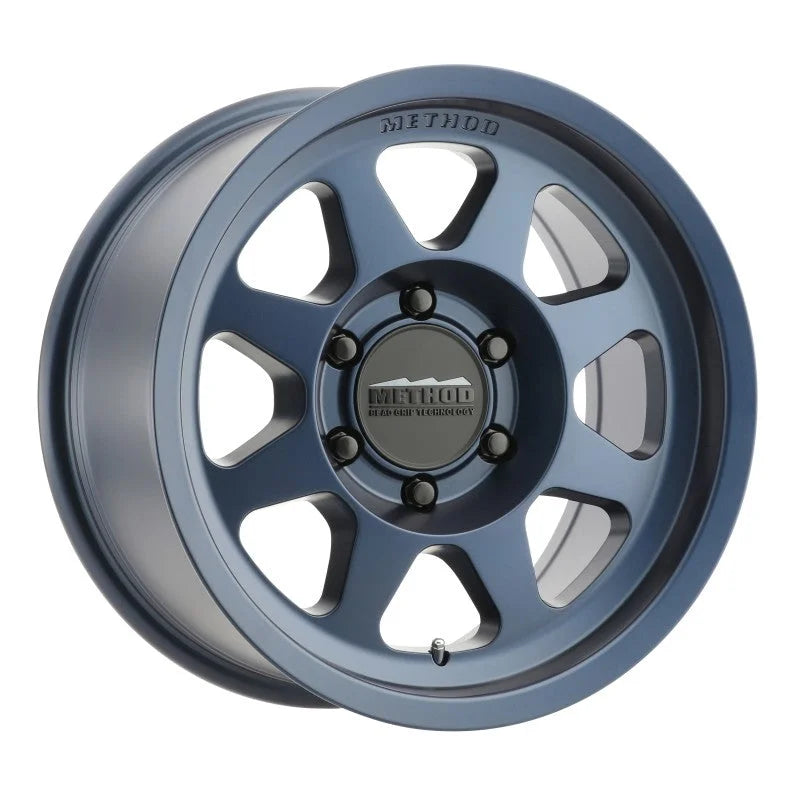 Method MR701 18x9 +18mm Offset 6x5.5 106.25mm CB Bahia Blue Wheel - Side View