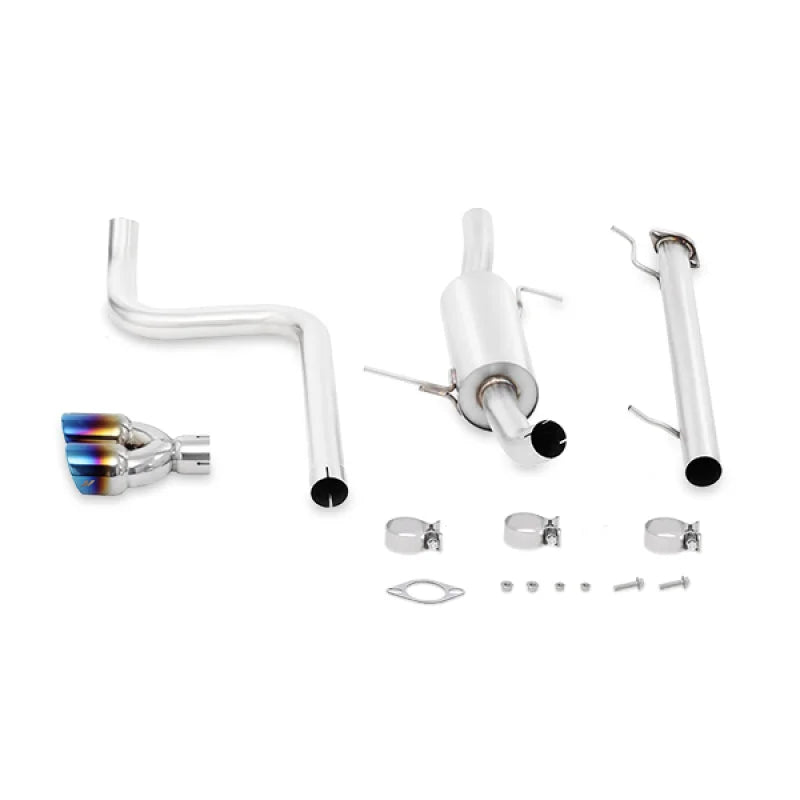 Mishimoto 14-16 Ford Fiesta ST 1.6L 2.5in Stainless Steel Cat-Back Exhaust w/ Burnt Ti Tips - Side View