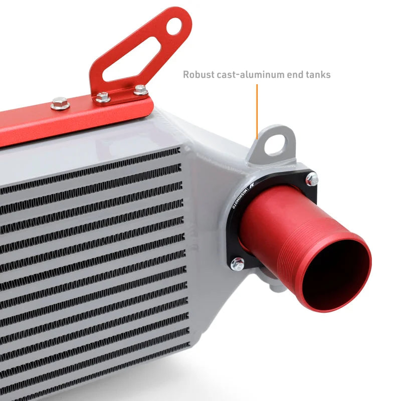 Mishimoto 2023+ Toyota GR Corolla Intercooler & Pipe Kit - Silver Cooler - Red Pipes - Side View