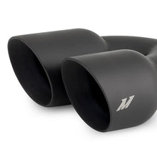 Load image into Gallery viewer, Mishimoto Dual Offset Tips 2.5in Inlet 3in Outlet Slash Cut - Black - Side View