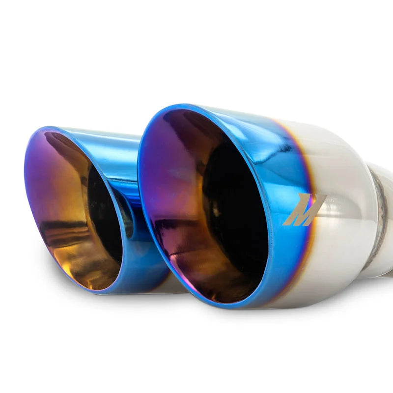 Mishimoto Dual Offset Tips 2.5in Inlet 3in Outlet Slash Cut - Burnt - Side View