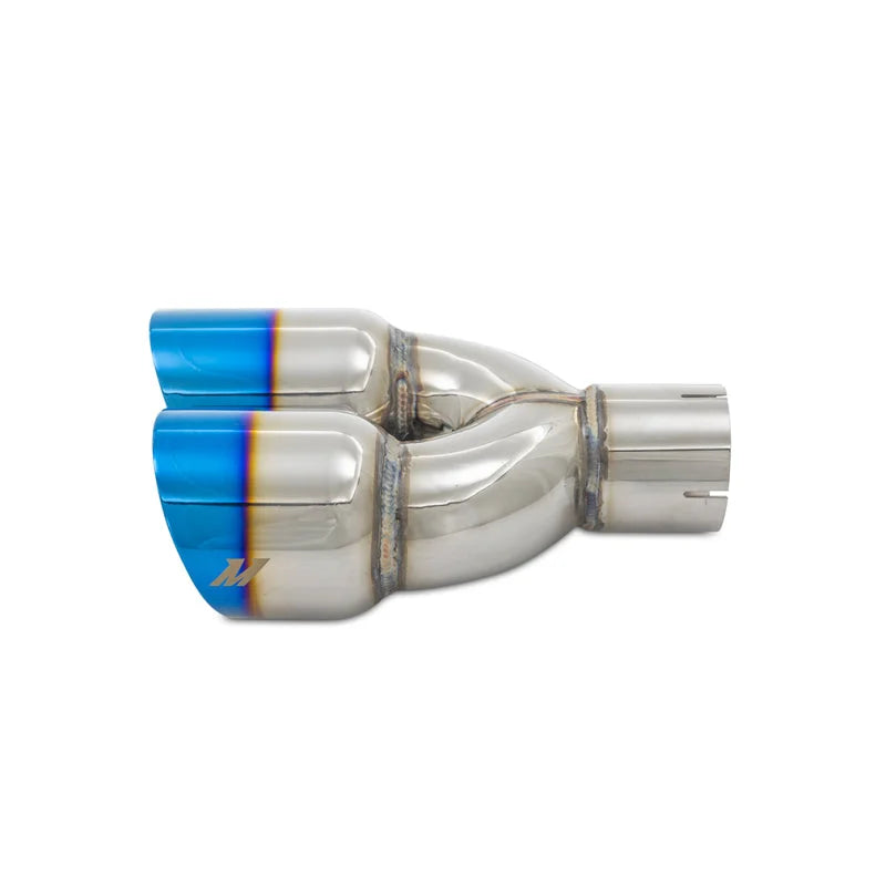 Mishimoto Dual Offset Tips 2.5in Inlet 3in Outlet Slash Cut - Burnt - Installation View