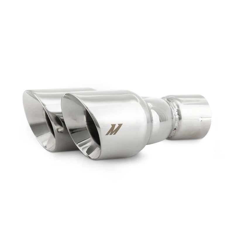 Mishimoto Dual Offset Tips 2.5in Inlet 3in Outlet Slash Cut - Polished - Main Product View