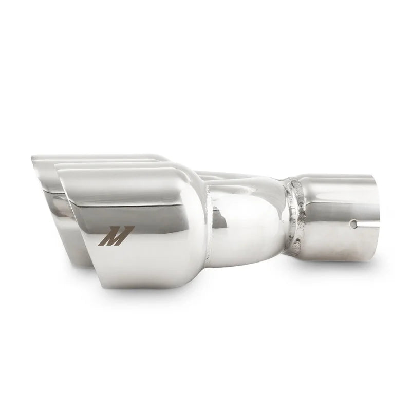 Mishimoto Dual Offset Tips 2.5in Inlet 3in Outlet Slash Cut - Polished - Detail View