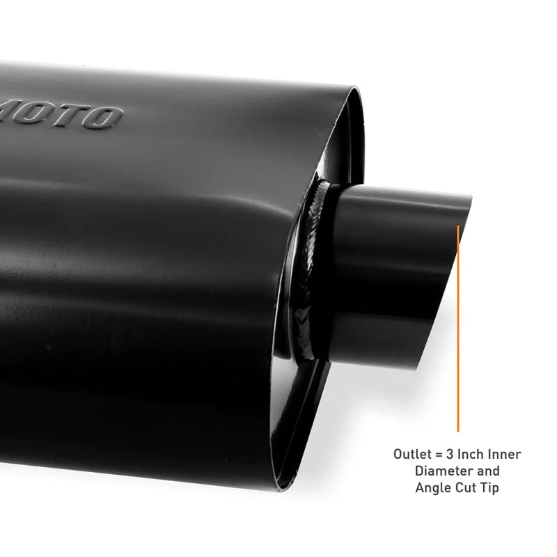 Mishimoto Muffler with 2.5in Center Inlet/Outlet - Angled Tip - Black - Side View